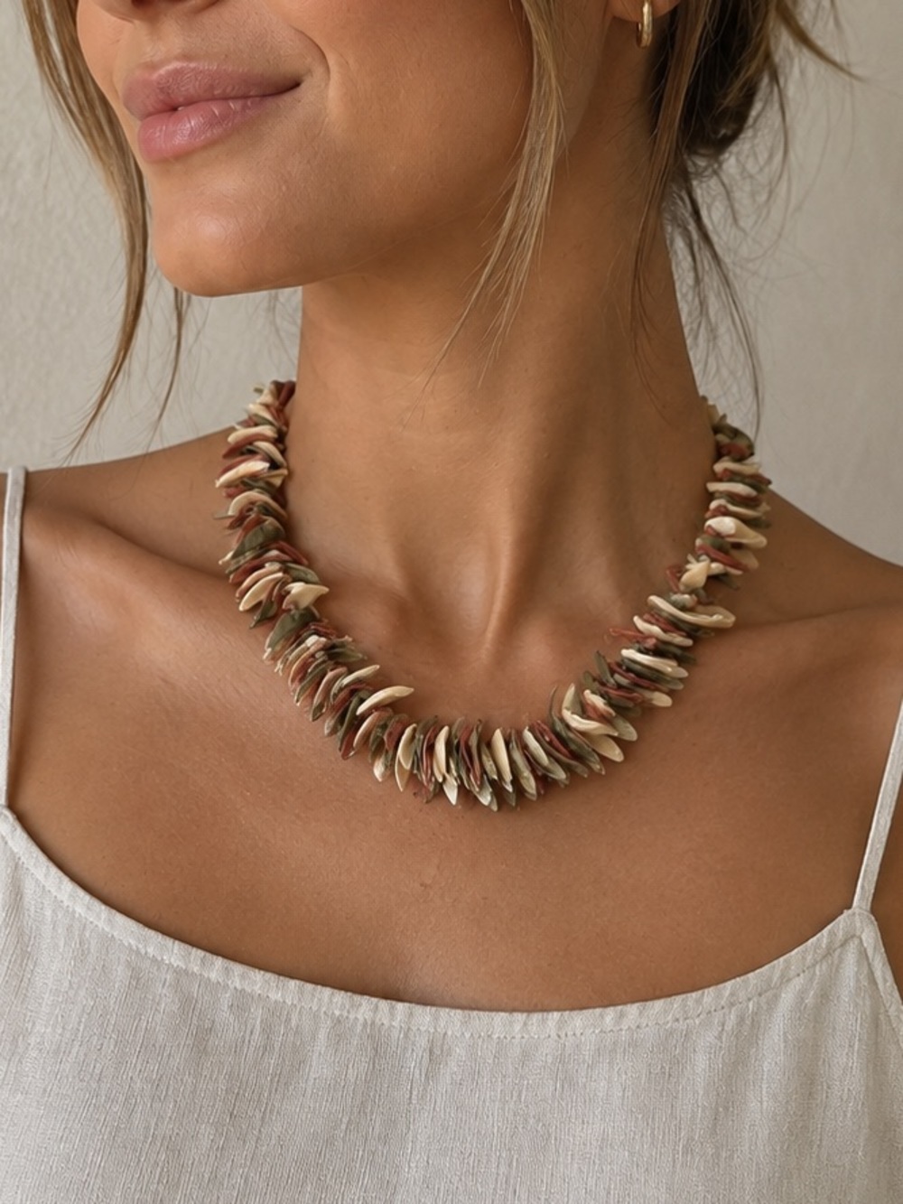 Vintage Multi Strand Layered Necklace Green Brown Orange Mother of Pearl Shell